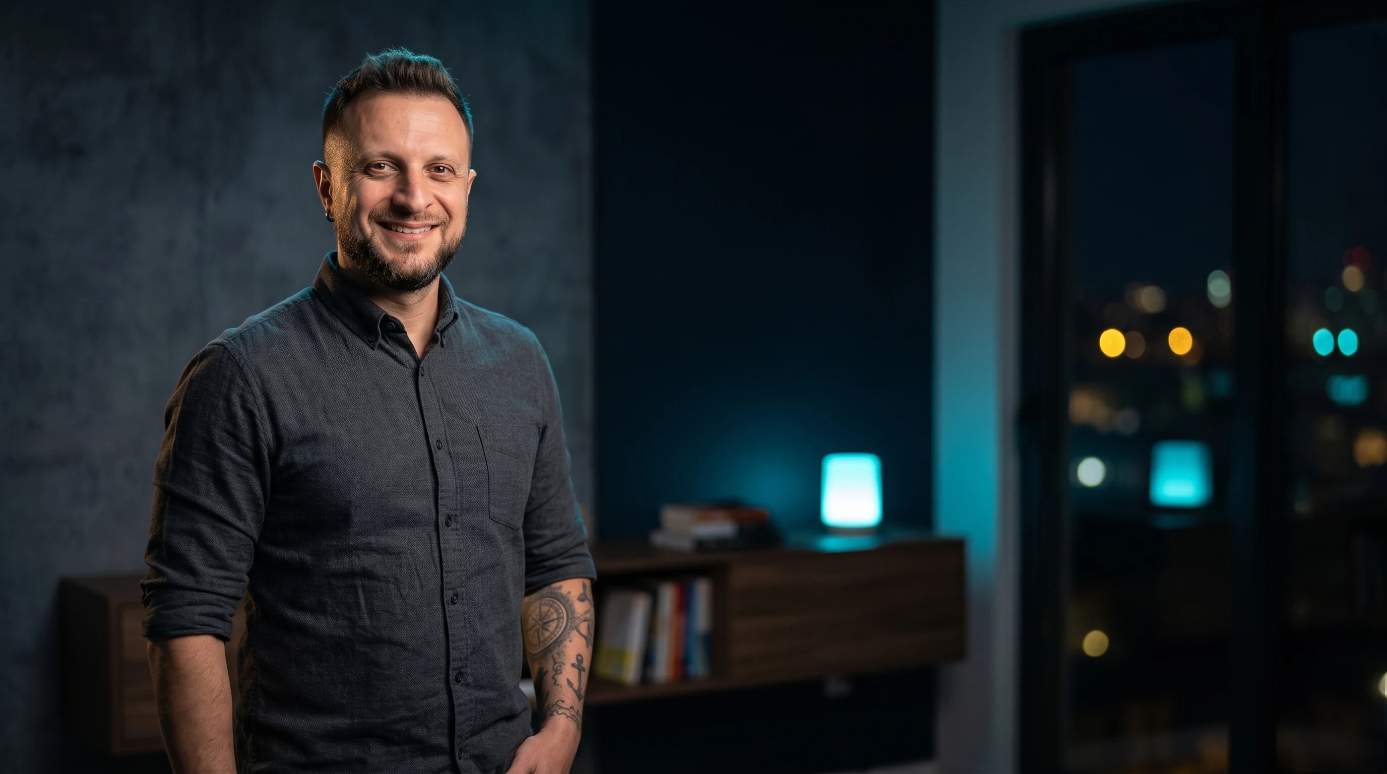 André Luís, psicólogo e criador AmpliaIA, em um home office moderno à noite